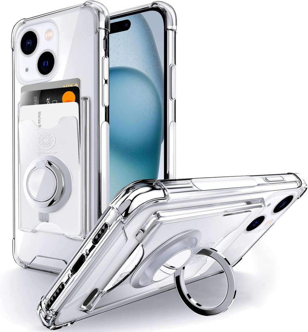 Shields Up Designed for iPhone 15 Case, Minimalist Wallet Case with Card Holder (3 Cards) & Ring Stand, [Drop Protection] Slim Protective Cover for iPhone 15 (6.1 inch) - Clear