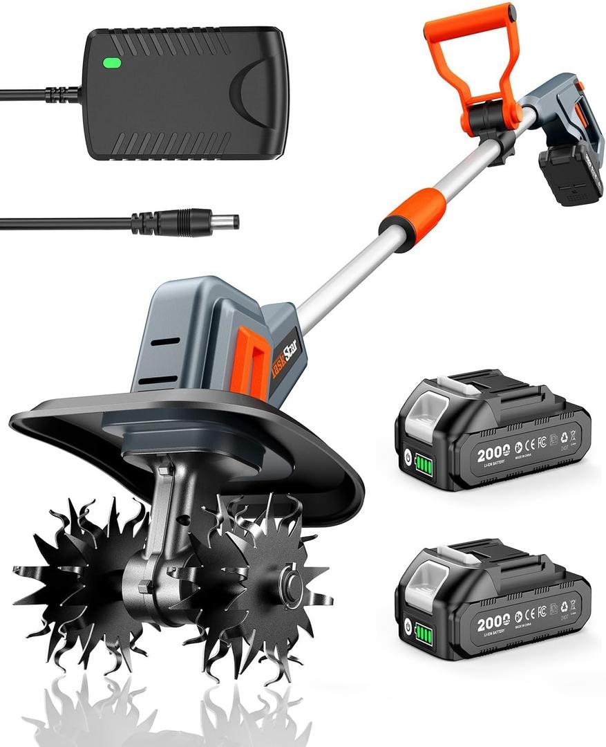 Cordless Tiller Cultivator for Gardening, 360 RPM Electric Garden Rototiller with 48 Steel Tines, 9 Inch Tilling Width & 7 Inch Depth, 21V Battery Powered Small Tiller for Soil/Cultivating/Lawn/Garden