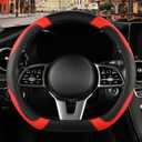 Microfiber Leather D Shaped Steering Wheel Cover, Breathable, Anti Slip, Universal 15 inch, Black with Red
