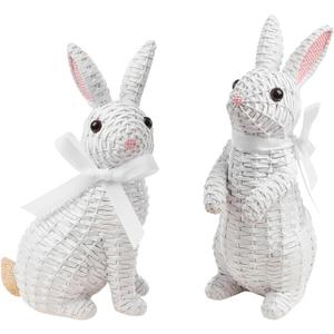 Easter Bunny Decor, Rattan Effect Resin Bunny Statue, Easter Table Decoration Spring Indoor Home Decor(Small White 2pcs)