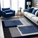 5x7 Area Rug Living Room, Blue Grey Geometry Rugs, Washable Square Contemporary Floor Carpet for Indoor Decor, Low Pile Non-Slip Modern Rug for Bedroom