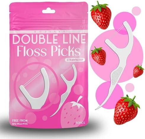 Floss Picks, Strawberry Flavored Dual-Line Dental Flossers, Long Handles with Toothpick End, Fruit Flavor, Travel-Friendly, Oral Hygiene for Adults and Kids Teeth, 150 Count