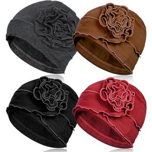 4 Pieces Cotton Chemo Turbans Headwear Beanie for Women Soft Head scarf Cap Elastic Chemo Hats Covers Wraps for Cancer Patient Hair Loss