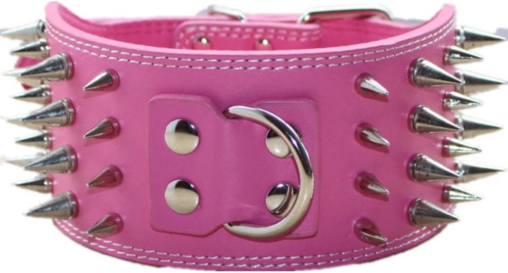 3" Sharp Spiked Studded PU Leather Dog Collar for Training,Sports,Walking (Large, Hot Pink)