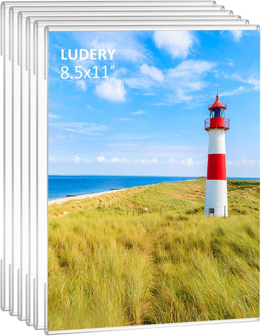 8.5x11 Acrylic Picture Frames, Set of 6 Clear Photo Frame for Wall, Clear Frameless picture Frames 8.5 x 11,Floating Hanging Picture Frames 8.5 x 11 for Home, School, Office (Vertical)