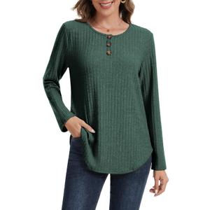 MAGICATELIER Women Long Sleeve Sweater Button Crew Neck Fall Winter Outfits Cute Tunic Tops Plus Size Shirt Loose Fit Dressy Casual Blouse Green (S)