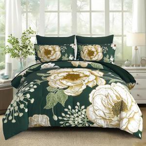 Luxudecor Floral Comforter Set King Size 7 Pieces Bed in a Bag,Beige Flower Print on Dark Green Bedding Set,Soft Microfiber Bedding Set for All Season (Dark Green,104"x90")