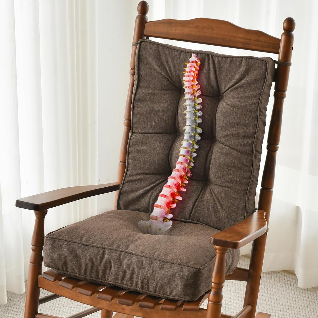 SUNROX Memory Foam Non Slip Rocking Chair Cushion, FadeShield Water Resistant Thicken Durable Tufted Pads, Set of Seat & Back Cushion with Ties for Indoor/ Outdoor Rocker, 2 Piece, Heather Chestnut