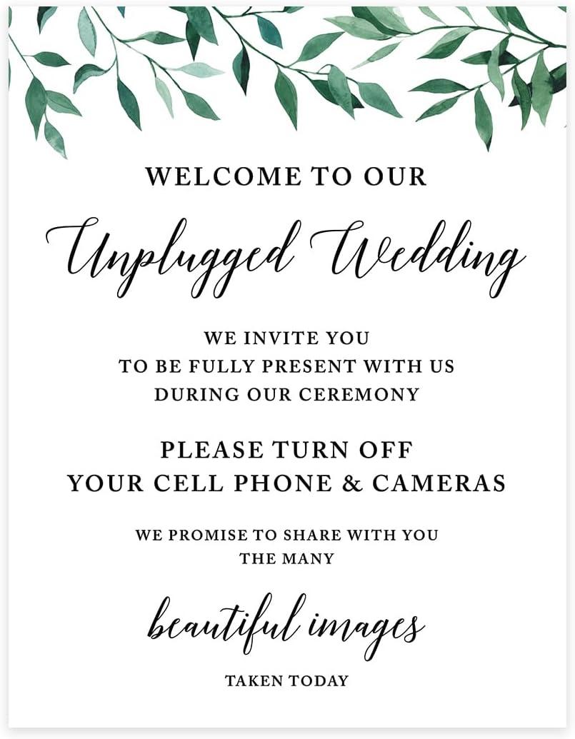 Wedding Party Signs, Natural Greenery Green Leaves, 8.5x11-inch, Welcome to Our Unplugged Ceremony Turn Off Phones No Devices Sign, 1-Pack