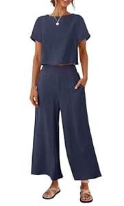 ZESICA Women's 2 Piece Outfits Linen Short Sleeve Crop Top and Wide Leg Pants Lounge Matching Set Tracksuits Trendy Clothes, Navy, Medium