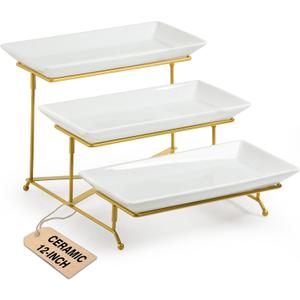 LAUCHUH 3 Tier Serving Tray, Porcelain Serving Platter Tier Serving Stand with Collapsible Sturdier Rack, Serving Trays and Platters Dessert Party Display Set for Father's Day, Gold, 12 Inch