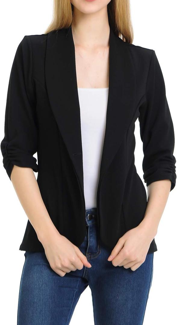 Women's 3/4 Ruched Sleeve Lightweight Work Office Blazer Jacket (S-3XL) (Black)