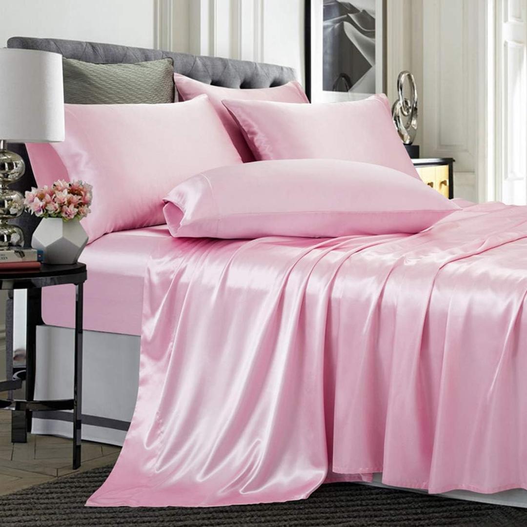 TREELY 6 Piece Queen Size Pink Satin Sheet Set with Deep Pocket, Fitted Sheet, Flat Sheet, 4 Pillowcases