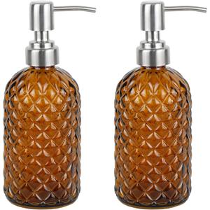 16 oz Diamond Pattern Glass Soap Dispenser, Kitchen and Bathroom Refillable Soap Dispenser with Rust Resistant Stainless Steel Pump for Hand Soap, Lotion Glass Liquid Dispenser(Amber-2pack)