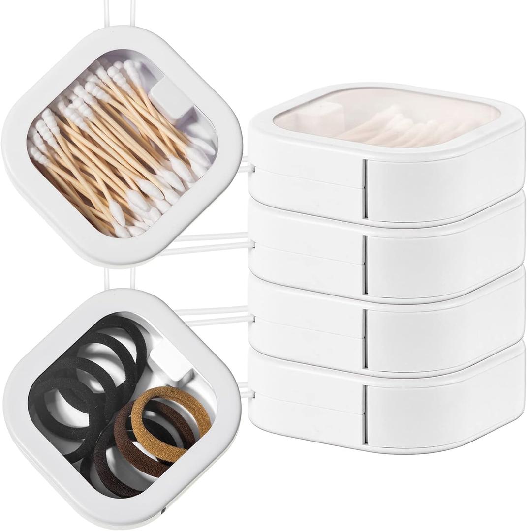 Kathfly 4 Pcs White Hair Tie Organizer Portable Hair Accessory Storage Containers Stackable Tie Bobby Pin Holder Home Cotton Swab Dispenser Accessories Jewelry Organizer Box (White)