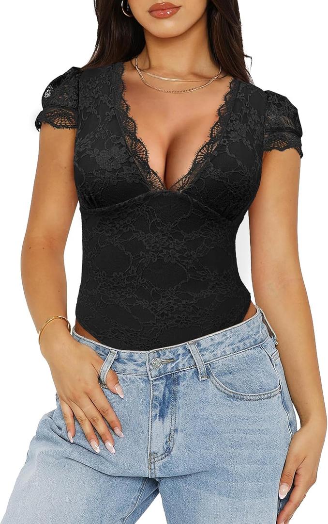 Saslax Women's Sexy Deep V Neck Lace Bodysuit - Short Sleeve Double Lined Thong Body Suit for Going Out, Date Night,Club (Large, Black)