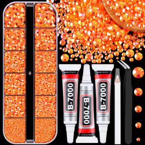 Resin Jelly Rhinestones for Crafting with B7000 Jewelry Glue, 1 Box Orange AB Flatback Crystal with 3Pcs 10ml Glue, Bedazzling Non Hotfix Gems for DIY Tumblers Clothing Shoes Manicure