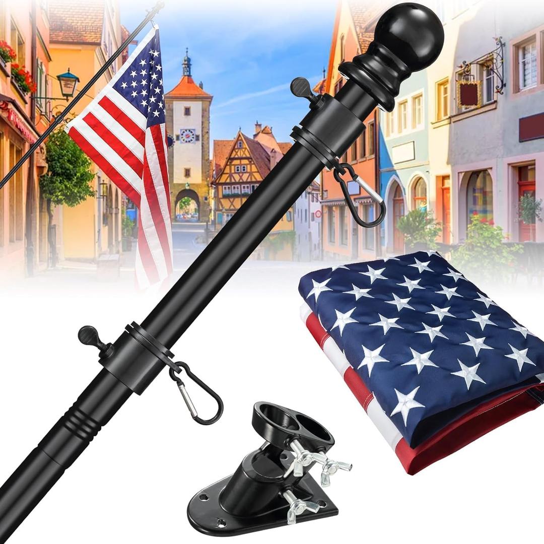 Barcetine Flag Pole Kit with 3x5 US Flag - Includes 6ft Heavy Duty Tangle Free Flagpole,Weather Resistant 3x5 Embroidered American Flag,Aluminum Holder Bracket,for Outside House,Porch,Outdoor (Black)