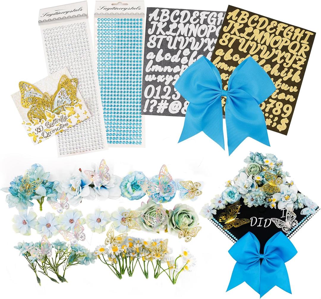 GraduatePro 41 Peices Graduation Cap Decoration Kit DIY Craft, Assorted Flowers Adhesive Glitter Alphabet Letter Numbers Stickers, Gold and Silver Butterfly, Shiny Rhinestones Grad Hat Topper Blue