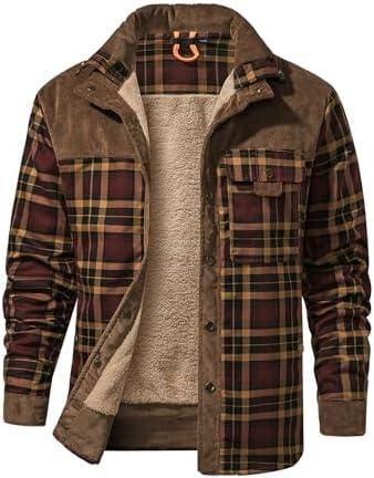 Eisctnd Men's Sherpa Lined Flannel Jacket Outdoor Long Sleeve Plaid Fleece Shirt Warm Casual Button Down Coat, XL
