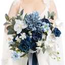 Ling's Moment Navy Blue Bridal Bouquet, 13 Inch Wedding Bouquets for Bride, Silk Free Form Bridal Bouquets for Wedding, Ceremony, Anniversary, etc.