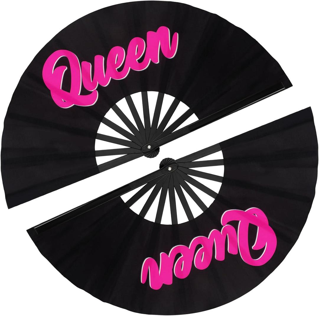 Maitys 2 Pack Large Folding Rave Fans for Women Men, Nylon Hand Fans Loud Snap Sound Foldable Fan for Line Dancing Stage Performance Chinese Kung Fu Festival Dance Decor(Black,Queen)