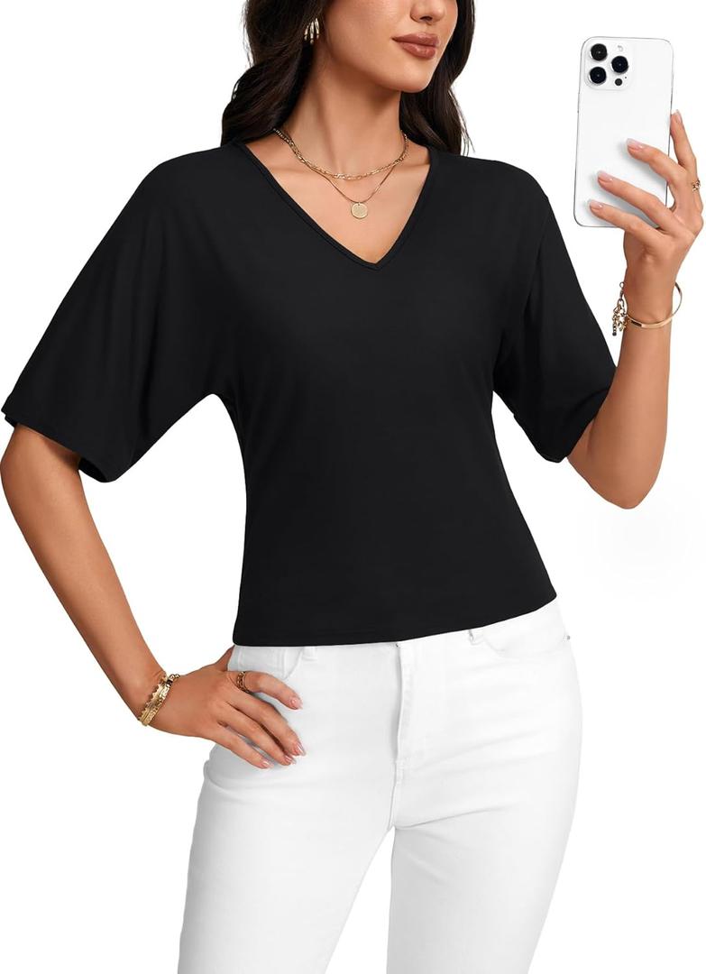 LYANER Women's Batwing Sleeve V Neck Slim Fit Elegant Blouse Top Shirt, Size Large