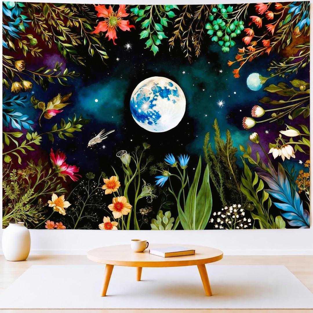 Delur Moonlit Garden Tapestry Boho Moon Floral Plant Tapestry Wall Hanging Colorful Flower Botanical Nature Night Landscape Headboard for Bedroom Living Room Home Decor (59.1" x 78.7")
