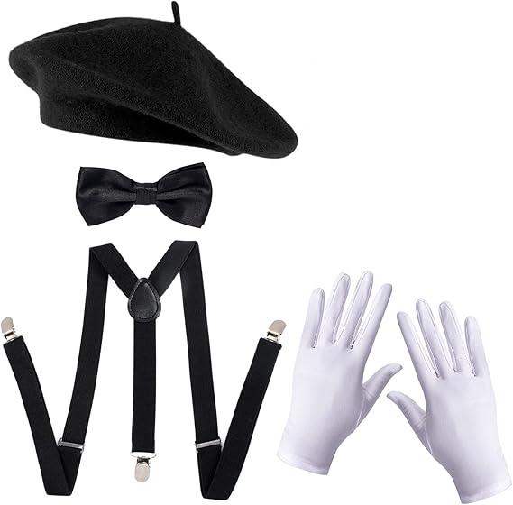 Kids Mime Artist Accessories 4Pcs with Beret Hat Suspender Scarf Gloves