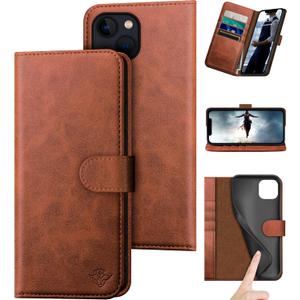 DuckSky for iPhone 14 Plus 6.7" Genuine Leather Wallet caseRFID Blocking4 Credit Card HolderReal LeatherFlip Folio Book Phone case Protective Cover Women Men for Apple 14Plus 5G case Light Brown