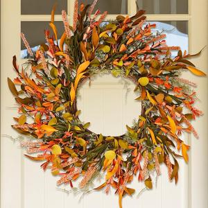 24" Orange Flower Fall Wreath with Colorful Mixed Leaves, Autumn Eucalyptus Artificial Wreath for Thanksgiving Halloween Front Door Window Home Wall Farmhouse Holiday Outdoor Indoor Décor