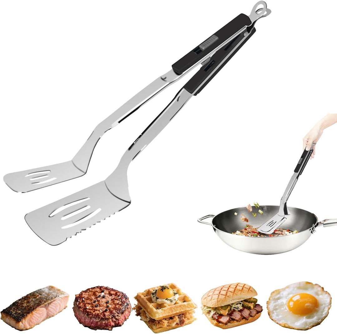 13.5-inch Stainless Steel Tongs for Cooking  Versatile Metal Spatula Tongs for Flipping, Picking Up, Cutting, and Stir-Frying Meats and Other Foods. Kitchen Tongs Durable and Multifunctional.(Black)