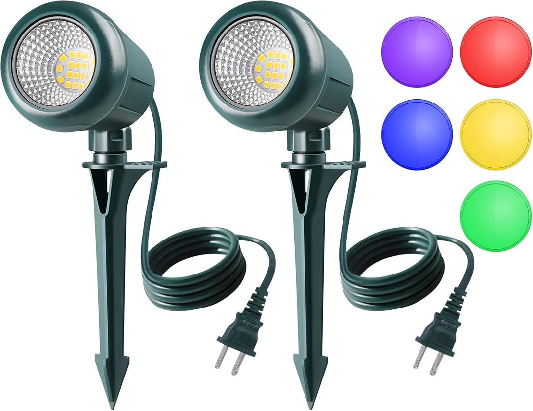 Christmas Spotlights Outdoor, 120V Plug-in Halloween Spot Light, 5000K LED Landscape Lighting with 5 Color Lenses (Red Green Blue Purple Yellow), IP67 Waterproof, Pack of 2 