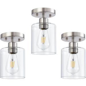 1-Light Semi Flush Mount Ceiling Lights, Brushed Nickel Kitchen Lighting Fixtures Ceiling, Modern Ceiling Light Fixtures with Clear Glass Shade for Hallway Foyer Entryway(3 Pack)