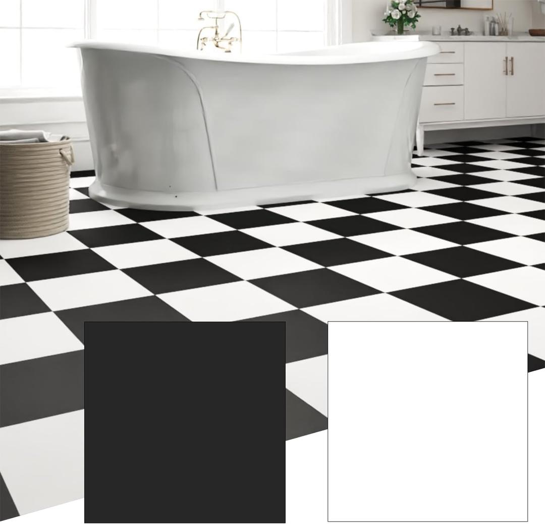 20-Pack 20 Sq.Ft Peel and Stick Floor Tiles Vinyl Matte Pattern Flooring, 12 x 12 Self Adhesive Vinyl Flooring DIY for Renter Kitchen, Bathroom, Laundry, Pure Black&Pure White