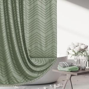 Extra Long Sage Green Boho Shower Curtain with Tassel, Woven Fabric 84 in Shower Curtain, Tufted Chevron Striped, 72 x 84, Modern Chic Textured Minimalist Bathroom Shower