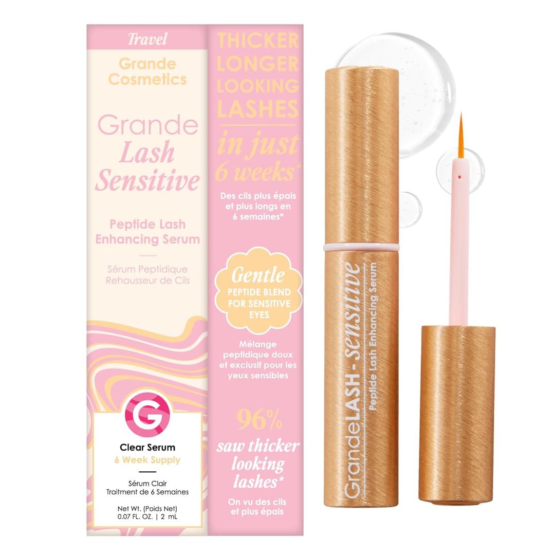 Grande Cosmetics GrandeLASH-Sensitive Peptide Infused Lash Serum for Fuller, Longer-Looking Natural Eyelashes, Enhancing Treatment with Nourishing Botanicals, Cruelty-Free (Travel)
