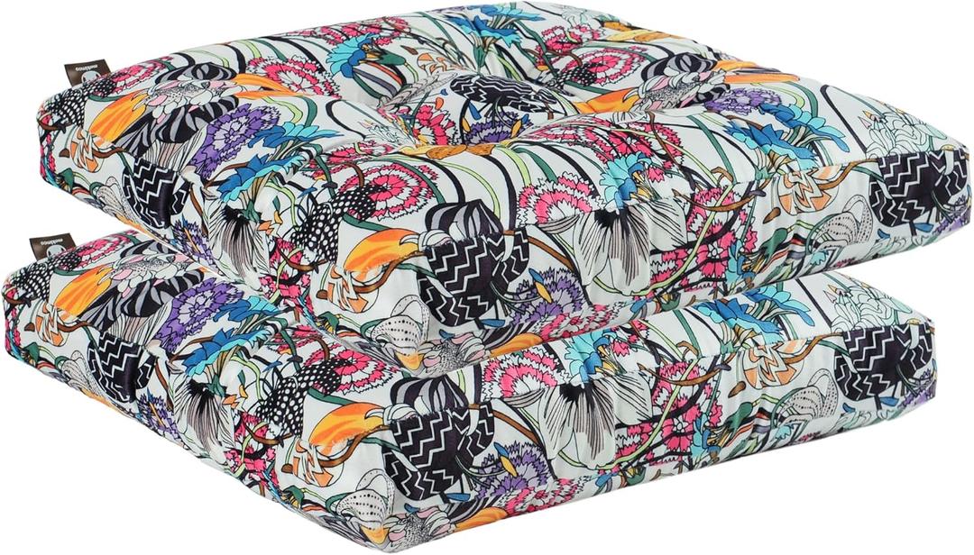 2-Pack Outdoor/Indoor Wicker Patio Seat Cushion Pad with Ties - Dining Chair Cushion, 17" x 17" (Black Purple Flowers)