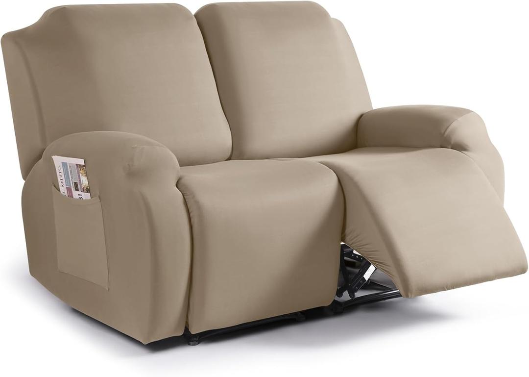 TAOCOCO Recliner Loveseat Covers Stretch Sofa Covers for 2 Seat Large Reclining Couch, 2 Pieces Reclining Loveseat Covers Soft Washable Furniture Protector with Pocket (2 Seater Oversized, Taupe)