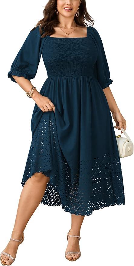 SCOMCHIC Women's Plus Size Maxi Dress Short Sleeve Square Neck Hollow Out Smocked Flowy A-Line Boho Wedding Guest Dresses, 3XL