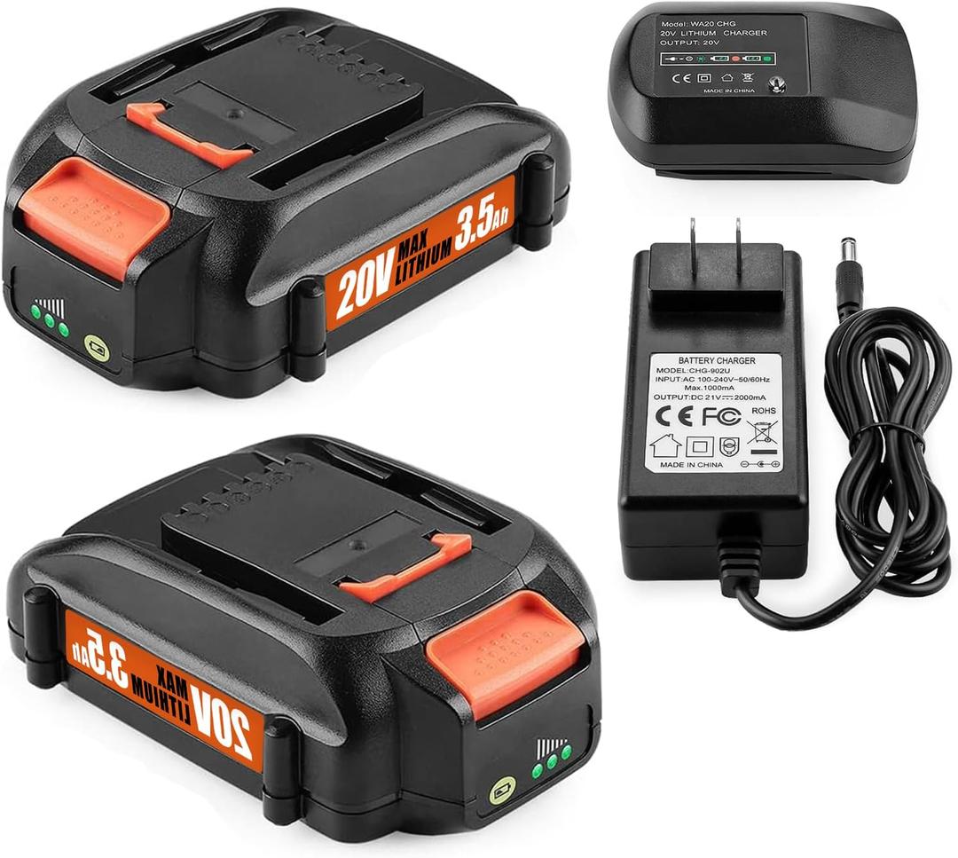 energup 20Volt Replace for Worx 20V Battery and Charger Kit, Compatible with Works 20Volt WA3520 WA3525 WA3575 WG151s WG251s WG540s WG545s WG890 WG891, with Worx 20V Lithium Battery Charger