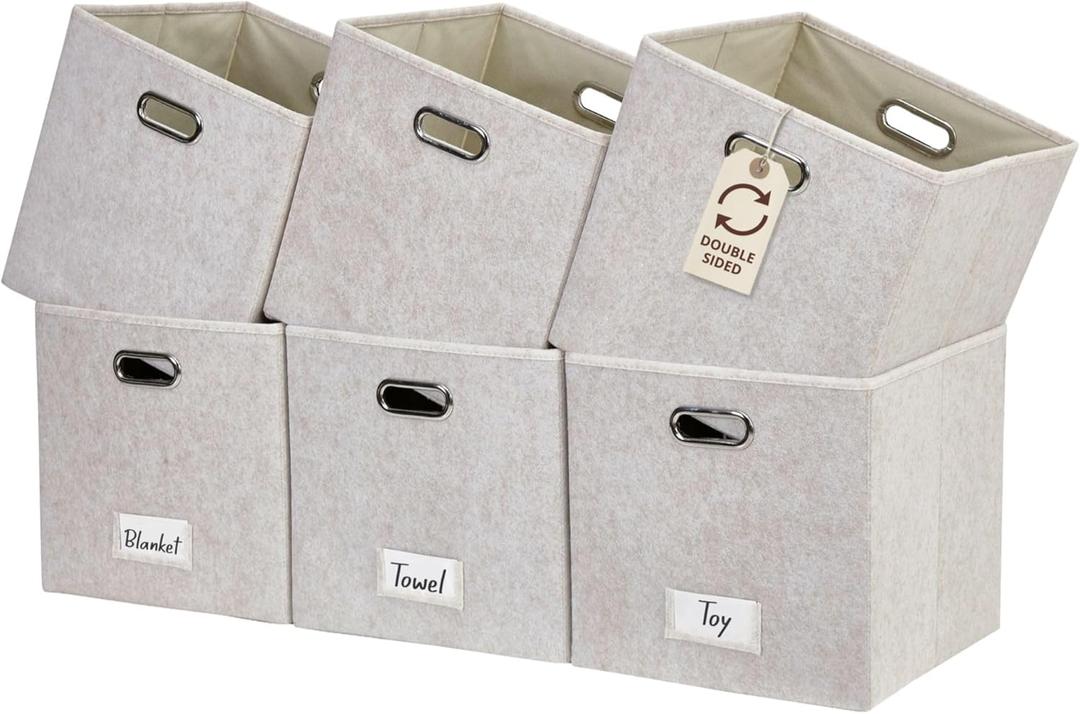DECOMOMO Felt Storage Bins, 13 inch Cube Storage Bins with Labels for Organization (Cube 13" / 6pcs, Beige)