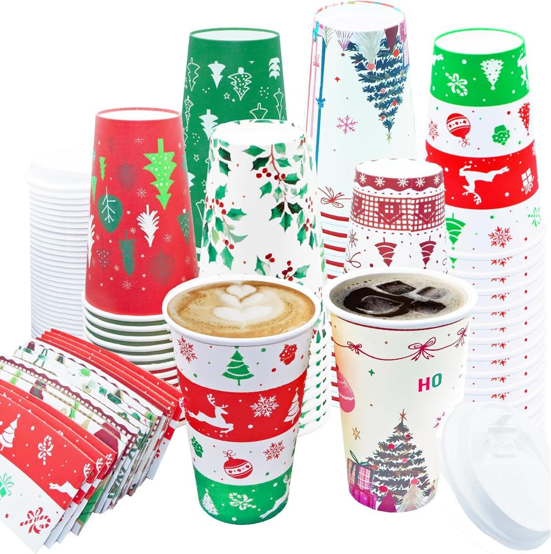 36 PCS Christmas Disposable Coffee Cups, 16 OZ Christmas Winter Party Paper Cups with Lids and Sleeves, To Go Coffee Cups for Hot and Cold Drinks, Winter Xmas Party Supplies Decorations