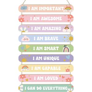 MONALET Pastel Boho Inspirational Wall Decor for Girls Kids Room Nursery Toddlers Playroom Classroom, Positive Affirmations Hanging Wooden Signs Decorations, I Am Loved Wall Art Wood Plaque 9Pcs 12x19