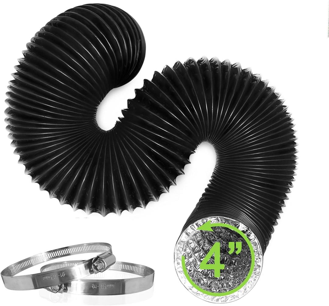 4In*8Ft Dryer Vent Hose and 2 Clamps, Upgrade Flexible Aluminum Vent Duct, Heat-resistant Dryer Vent Connection Kit for Wall Exhaust Vent, RV, Boat Blower, 3D Printer, Air Circulation, Black