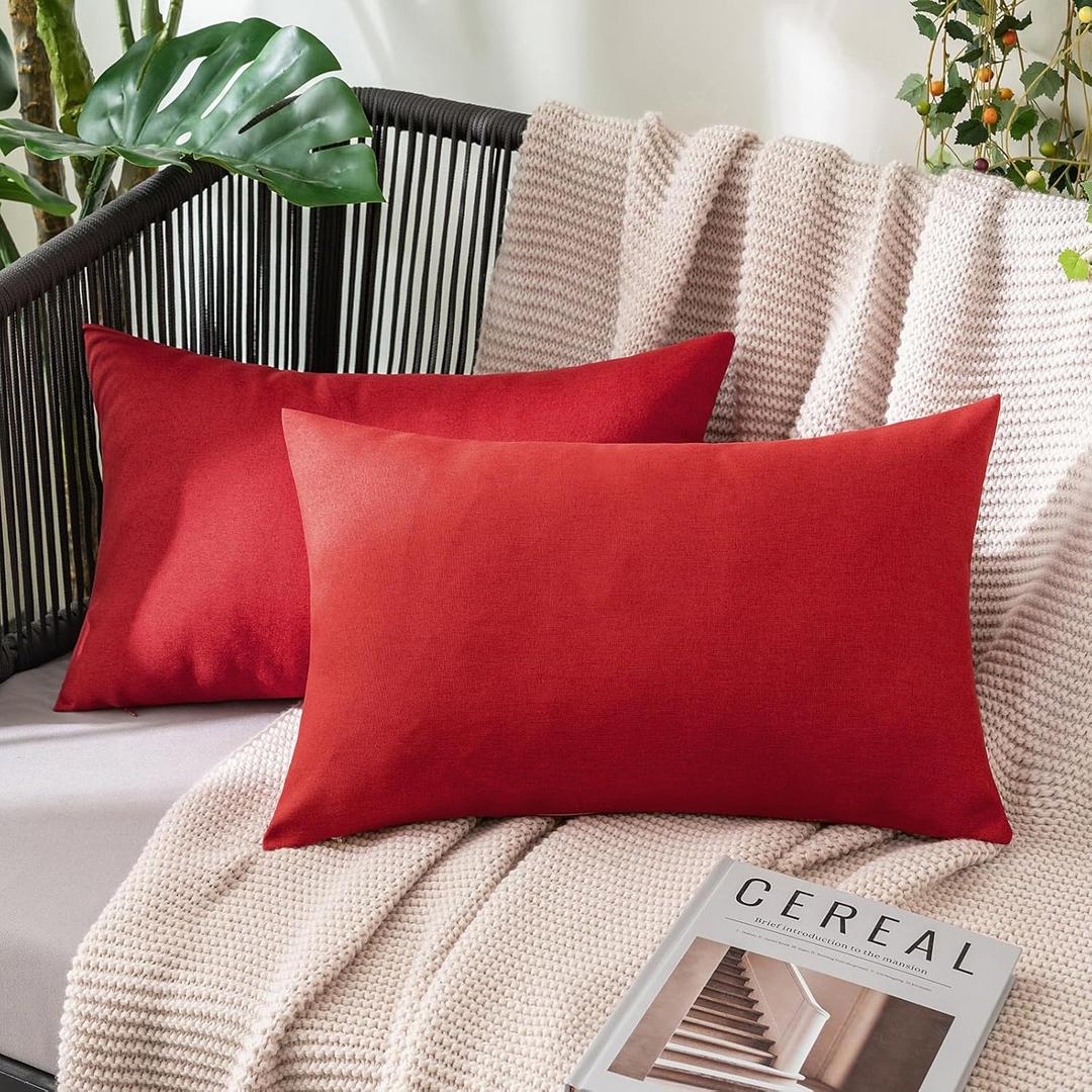 MIULEE Pack of 2 Decorative Outdoor Solid Waterproof Throw Pillow Covers Christmas Faux Linen Garden Farmhouse Cushion Cases for Summer Patio Tent Balcony Couch Sofa 20x12 Inch Red