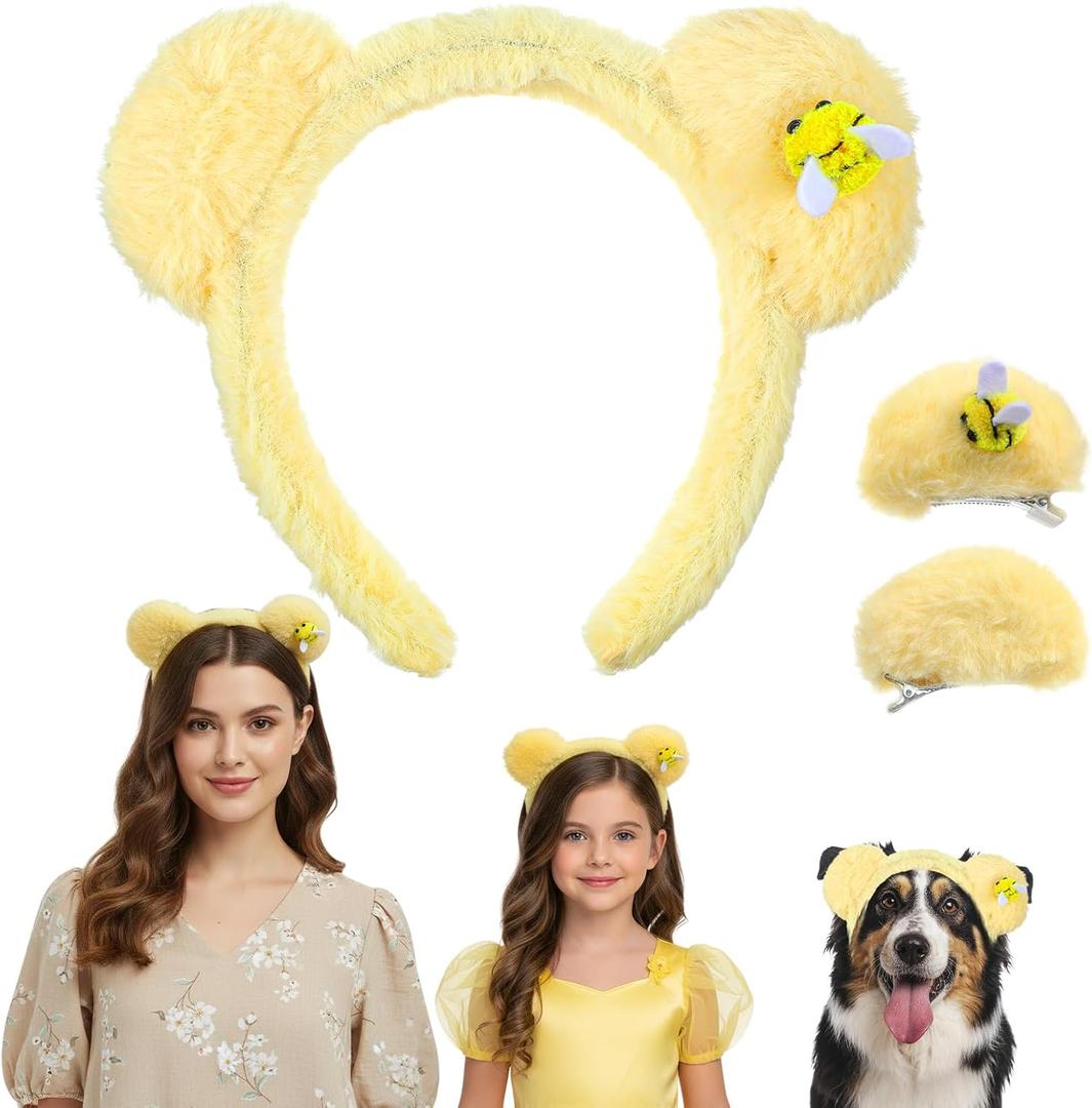Ouligay Pooh Ears Yellow Bear Ears Headband 3 Pcs Bear Headband with Hair Pins, Cute Pooh Headbands for Women Halloween Costume Hair Accessories Cartoon Plush Ear Animal Cosplay