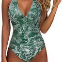 SUUKSESS Women Sexy Tummy Control One Piece Swimsuits Halter Push Up Bathing Suits (Small, Green Floral)