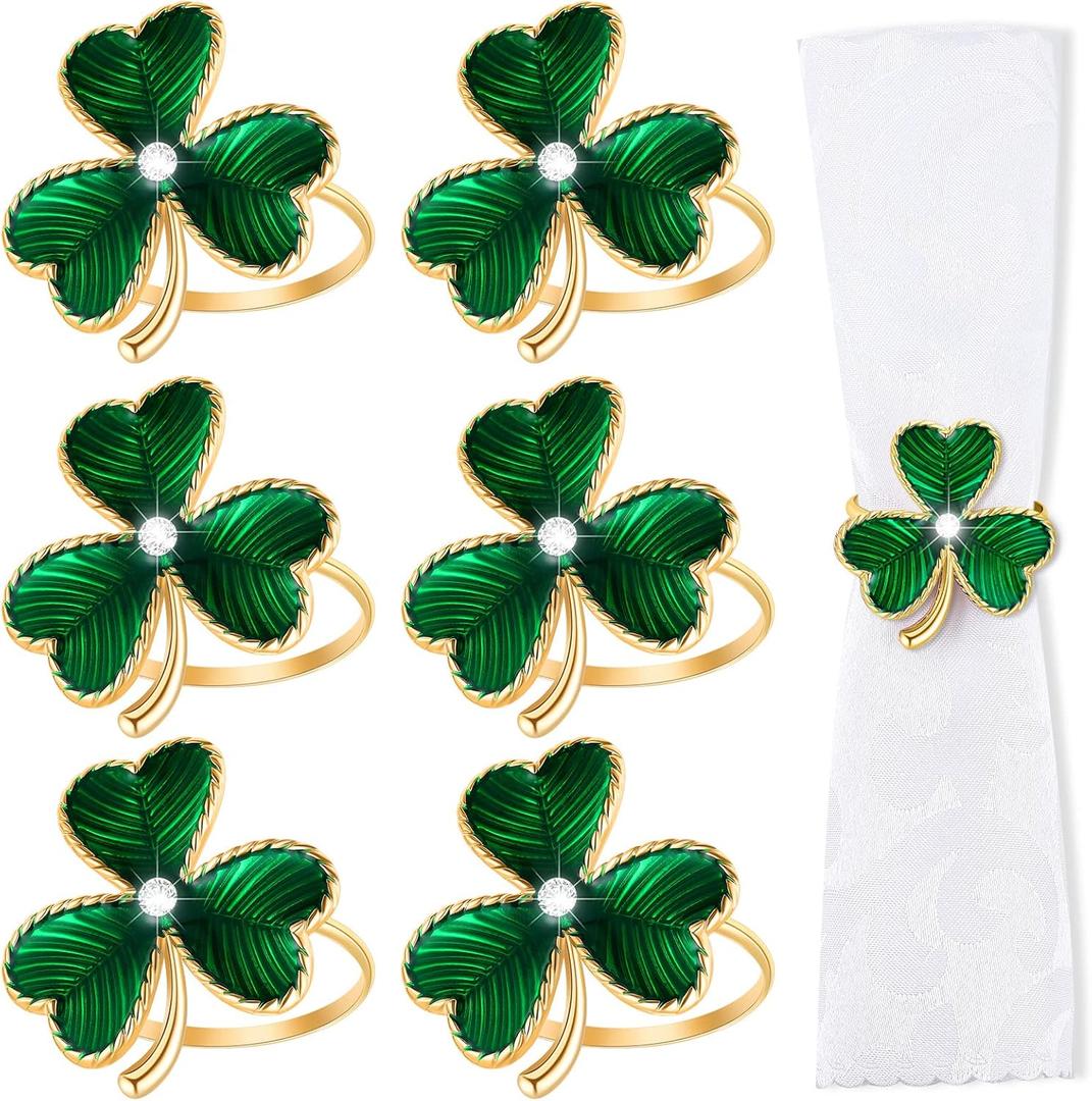 12 Pieces Green Clover Napkin Rings St Patricks Day Napkin Holders Metal Shamrock Napkin Rings for St. Patrick's Day Wedding Party Table Decor Supplies