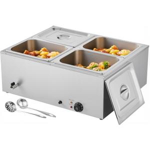 VEVOR Commercial Food Warmer, 1500W Electric Stainless Steel Steam Food Warmer with Lid, 4-Pan Fast Heating Countertop Buffet Bain Marie with Soup & Perforated Ladles, for Catering, Restaurant, Party